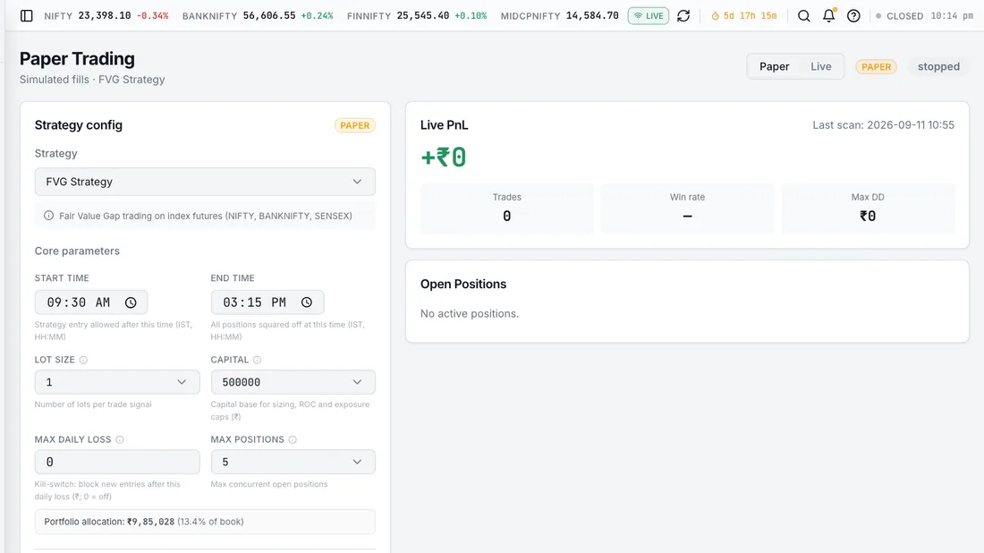 Paper Trading – Runs any strategy against live market data with simulated fills, so a system builds a forward record before a single rupee is committed. Several strategies here are deliberately restricted to paper until they have one.